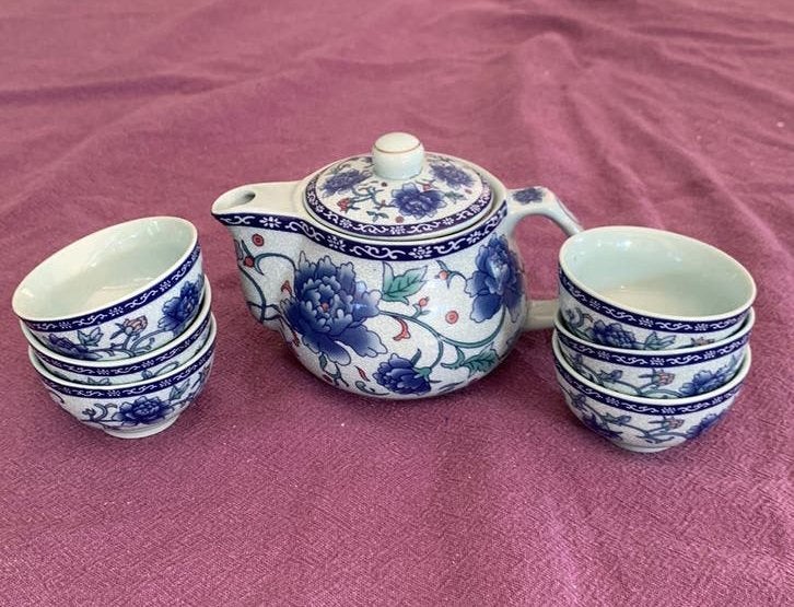 Jingdezhen pioenroos theepotje met theezeef, met 6 kommetjes, Ophalen