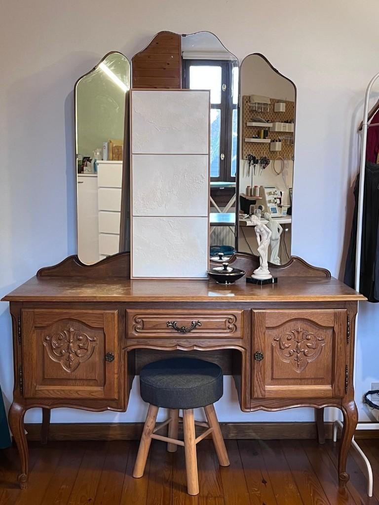 Vintage Make-up tafeltje | Kaptafeltje | Spiegelkastje, Vintage, Comme neuf, 100 à 150 cm, Bois