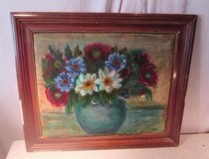 Belle œuvre peinte ancienne « Fleurs en pot » - 63x53, Antiquités & Art, Enlèvement ou Envoi, Encadré, Fleurs, Toile