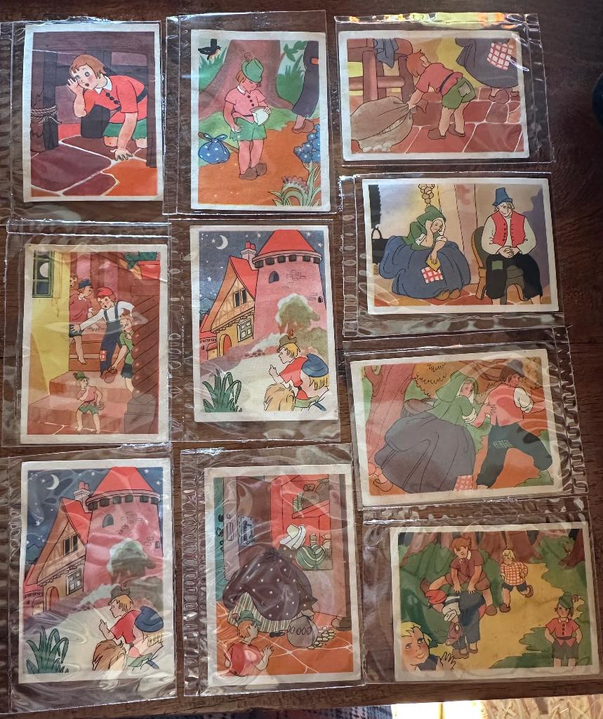 oude plakprenten klein duimpje Meurisse chocolade, Ophalen of Verzenden, Zo goed als nieuw, 1940 tot 1960, Prent