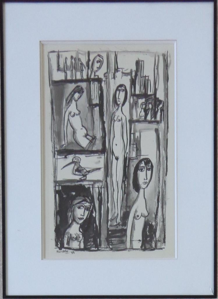 THEO HUMBLET / NAAKTEN ATELIER / ORIGINEEL / 55x40cm / KADER, Ophalen of Verzenden