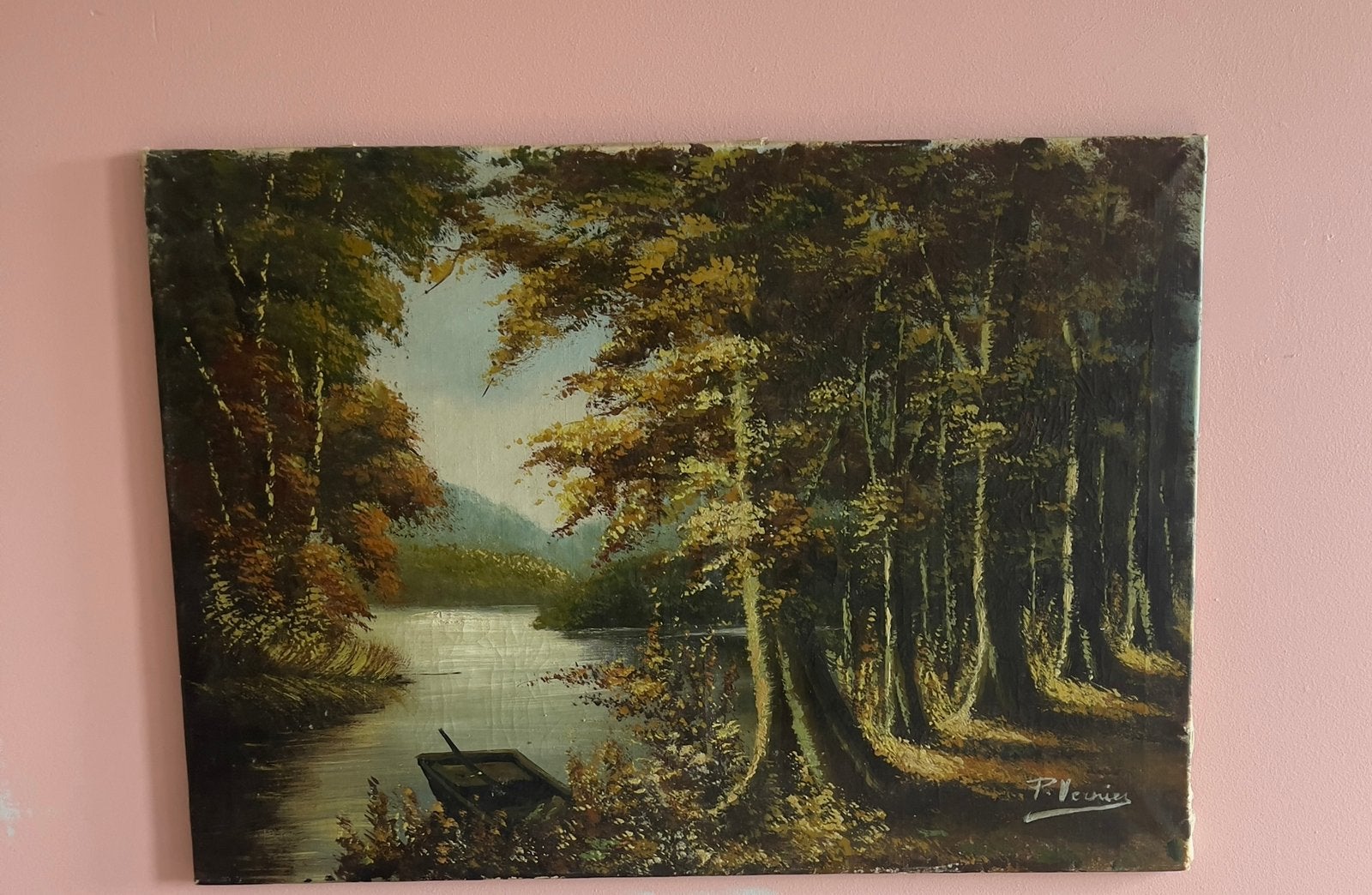 Tableau paysage forêt et rivière peint, Antiquités & Art, Enlèvement ou Envoi