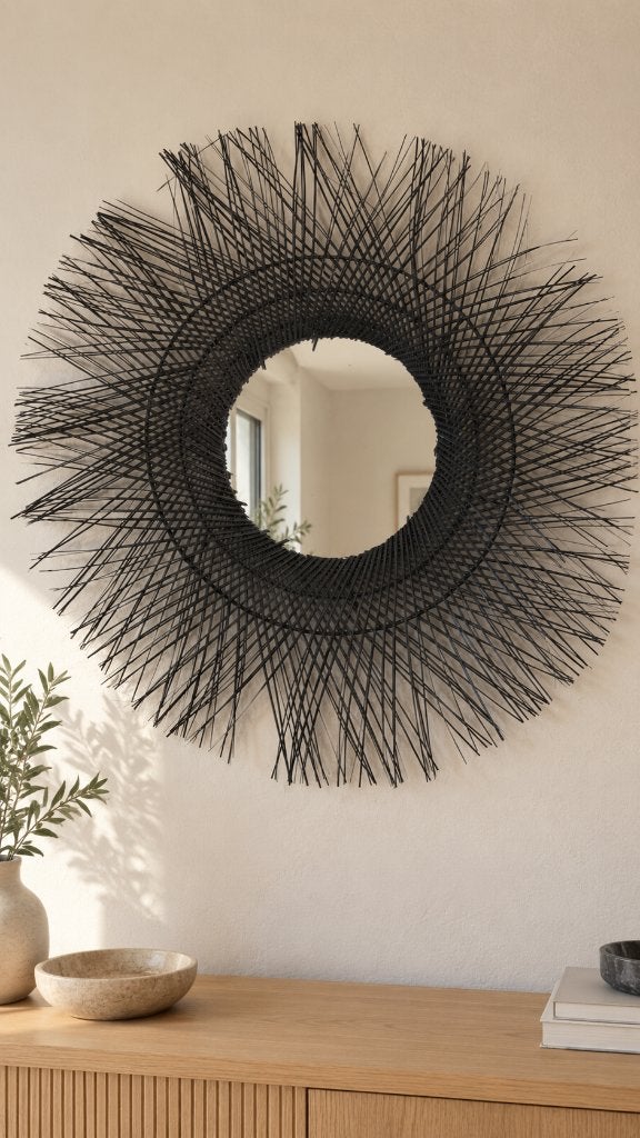 Grote ronde wandspiegel Midrib handgeweven zwart – Ø85 cm, Huis en Inrichting, Ophalen, Gebruikt