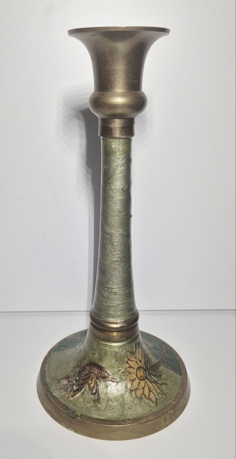 Vintage messing kandelaar met waterlelies en zonnebloemen, Enlèvement ou Envoi, Cuivre ou Bronze