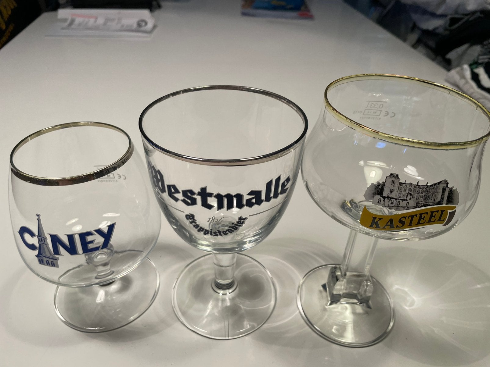 Oude bierglazen Westmalle, Ciney, kasteelbier, Verzamelen, Ophalen of Verzenden, Gebruikt, Bierglas