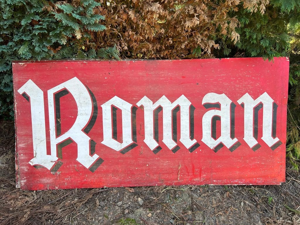 Metaal reclamebord café Roman, Verzamelen, Ophalen, Gebruikt, Reclamebord