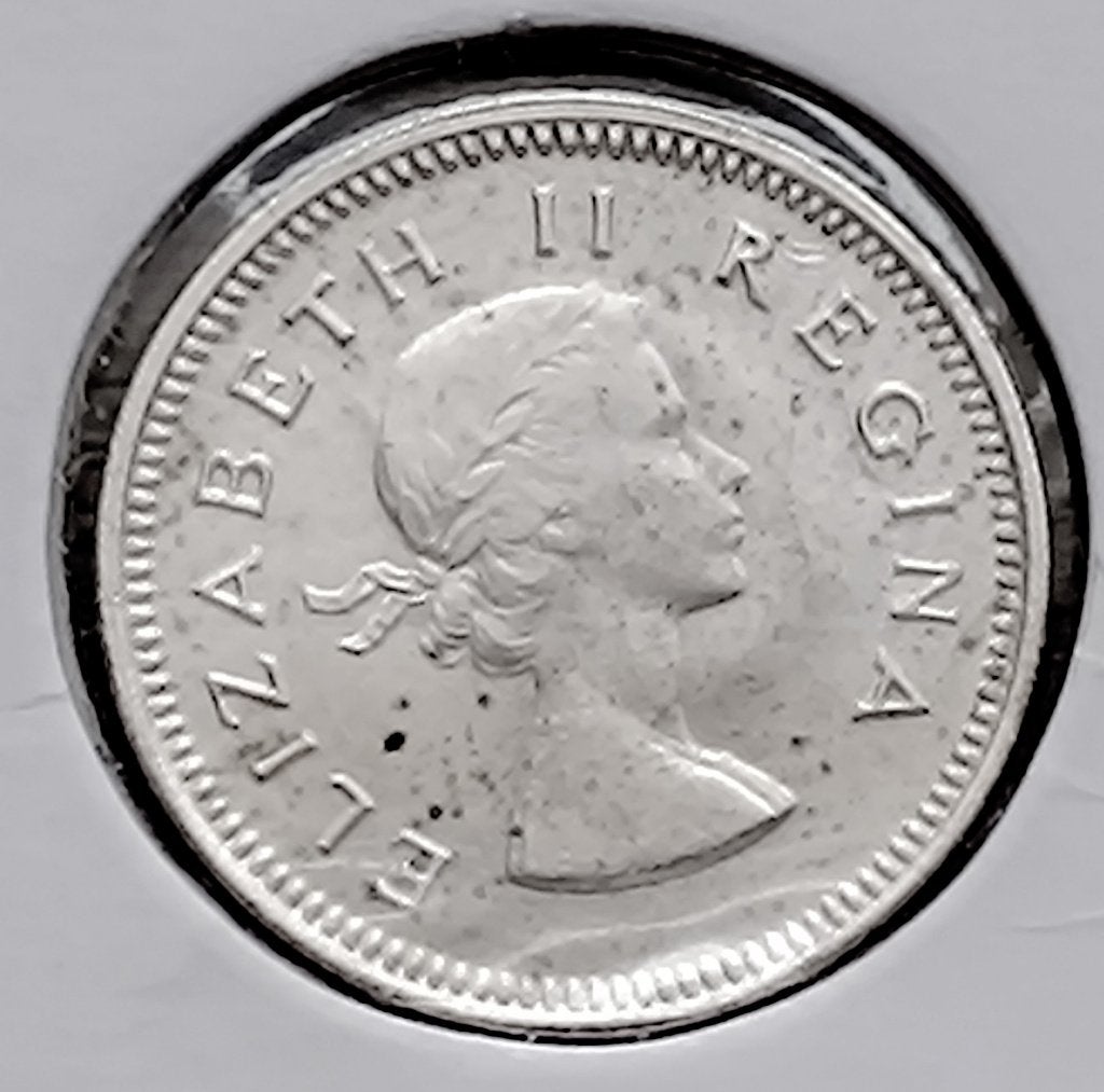 munt Zuid-Afrika 3 pence 1959: zilver 0,500 initialen KG, Ophalen of Verzenden, Zuid-Afrika, Zilver