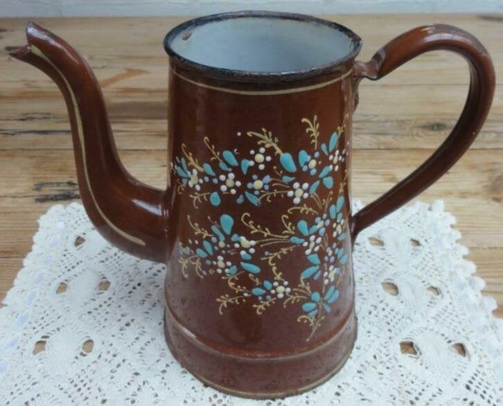 SALE Oude Franse doorleefde brocante emaille koffiepot, Ophalen of Verzenden