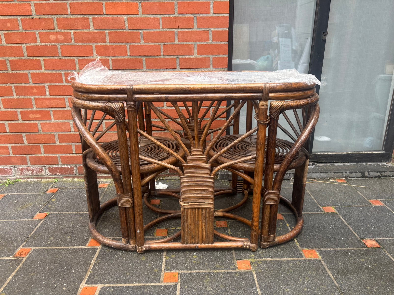 Vintage rotan tafel + 2 stoelen, Huis en Inrichting, Ophalen, Gebruikt