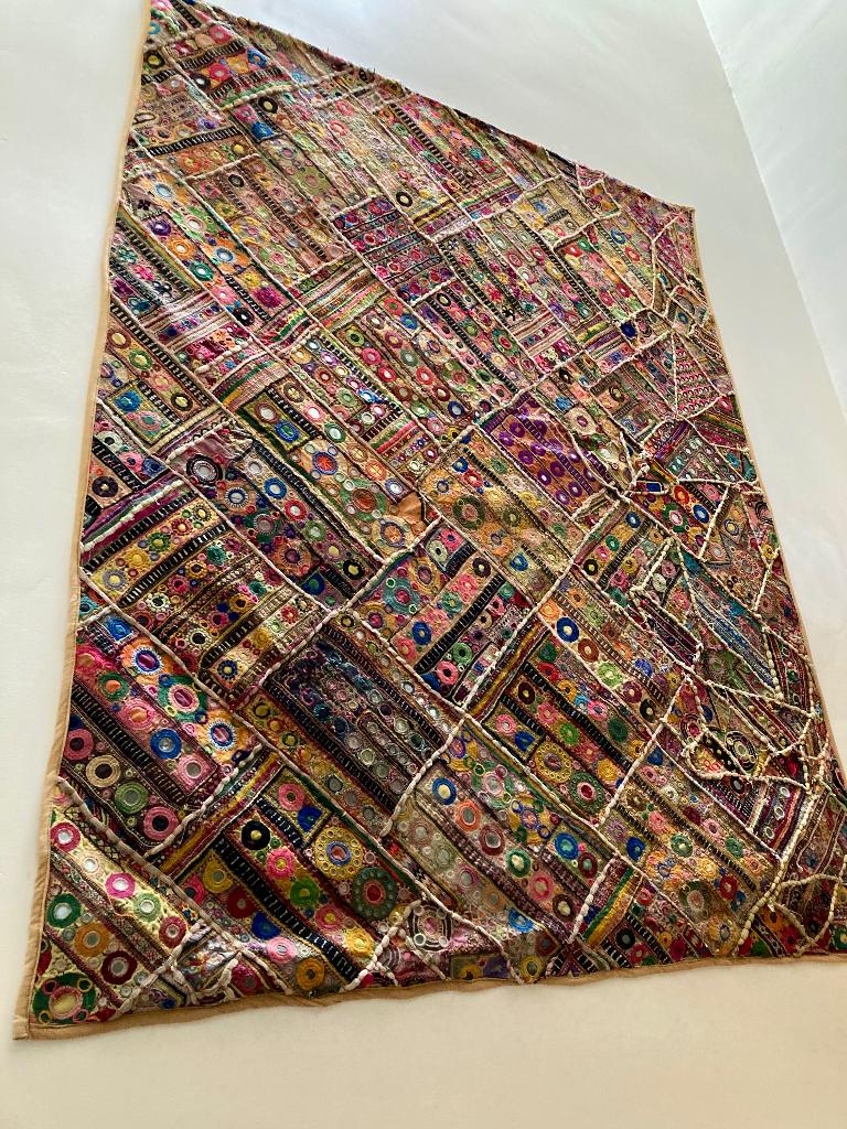 Vintage patchwork wandtapijt, Huis en Inrichting, Ophalen, 130 cm, Zo goed als nieuw, Meerkleurig