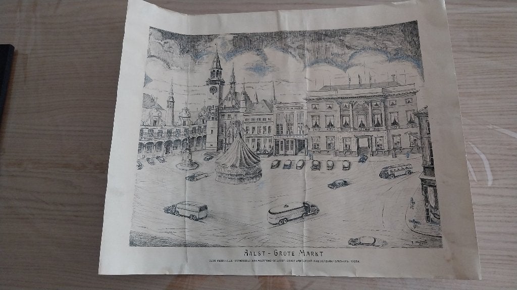 Tekening Grote Markt Aalst 1955 A. De Smet, Verzamelen, Overige Verzamelen, Ophalen of Verzenden, Gebruikt