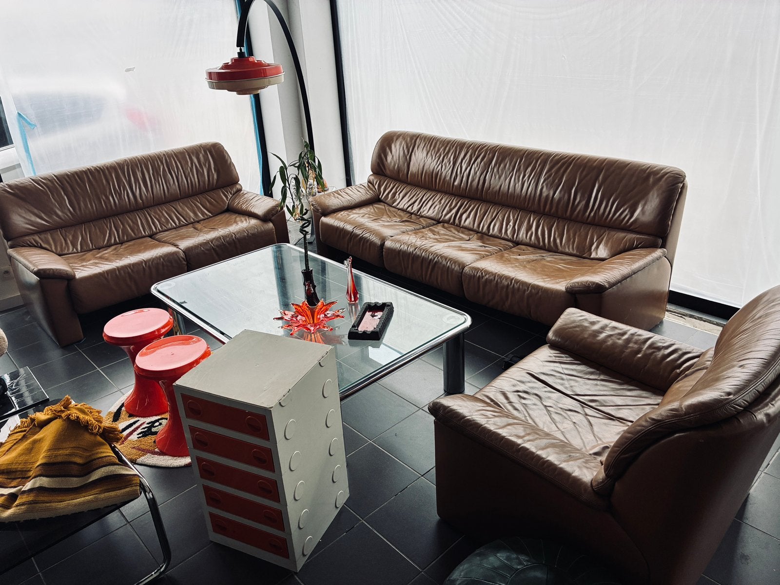 Retro vintage 70’s cognac lederen zetels set van 3, Enlèvement, Utilisé, Banc droit, Retro vintage