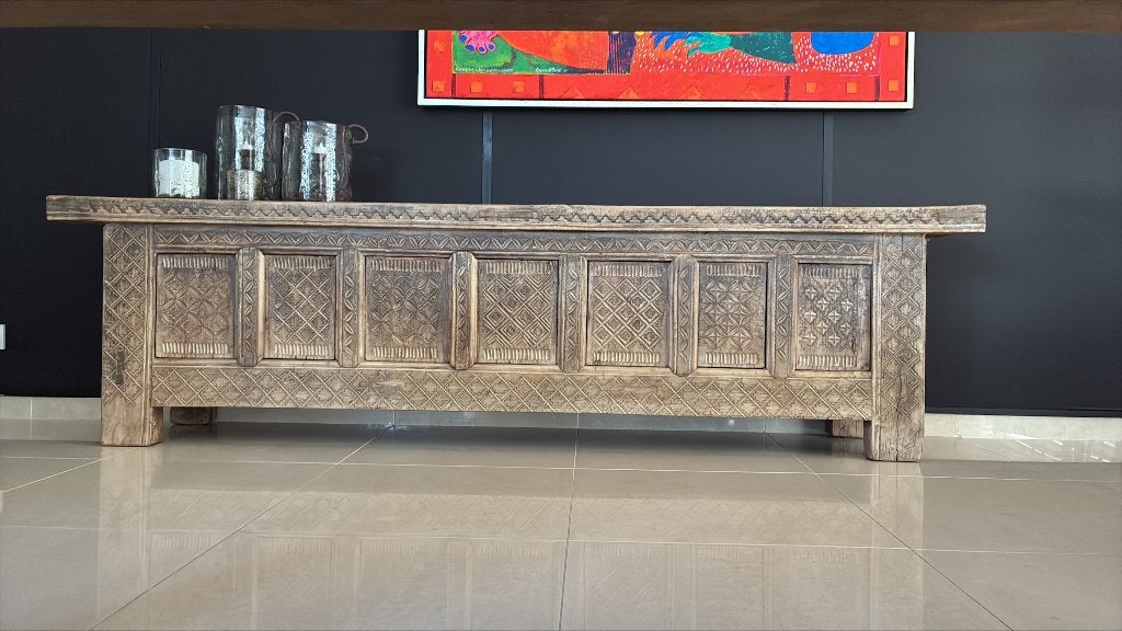 Antiek uniek Oriëntaals / Chinees dressoir met houtsnijwerk, Huis en Inrichting, Ophalen, Gebruikt, Orientaals, 200 cm of meer
