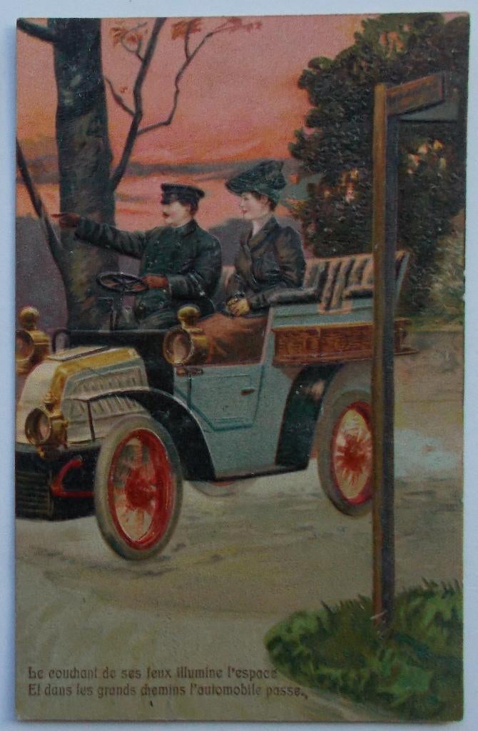 Postkaart (reliëfkaart) uit 1909, Verzenden, Voor 1920, Gelopen, Voertuig