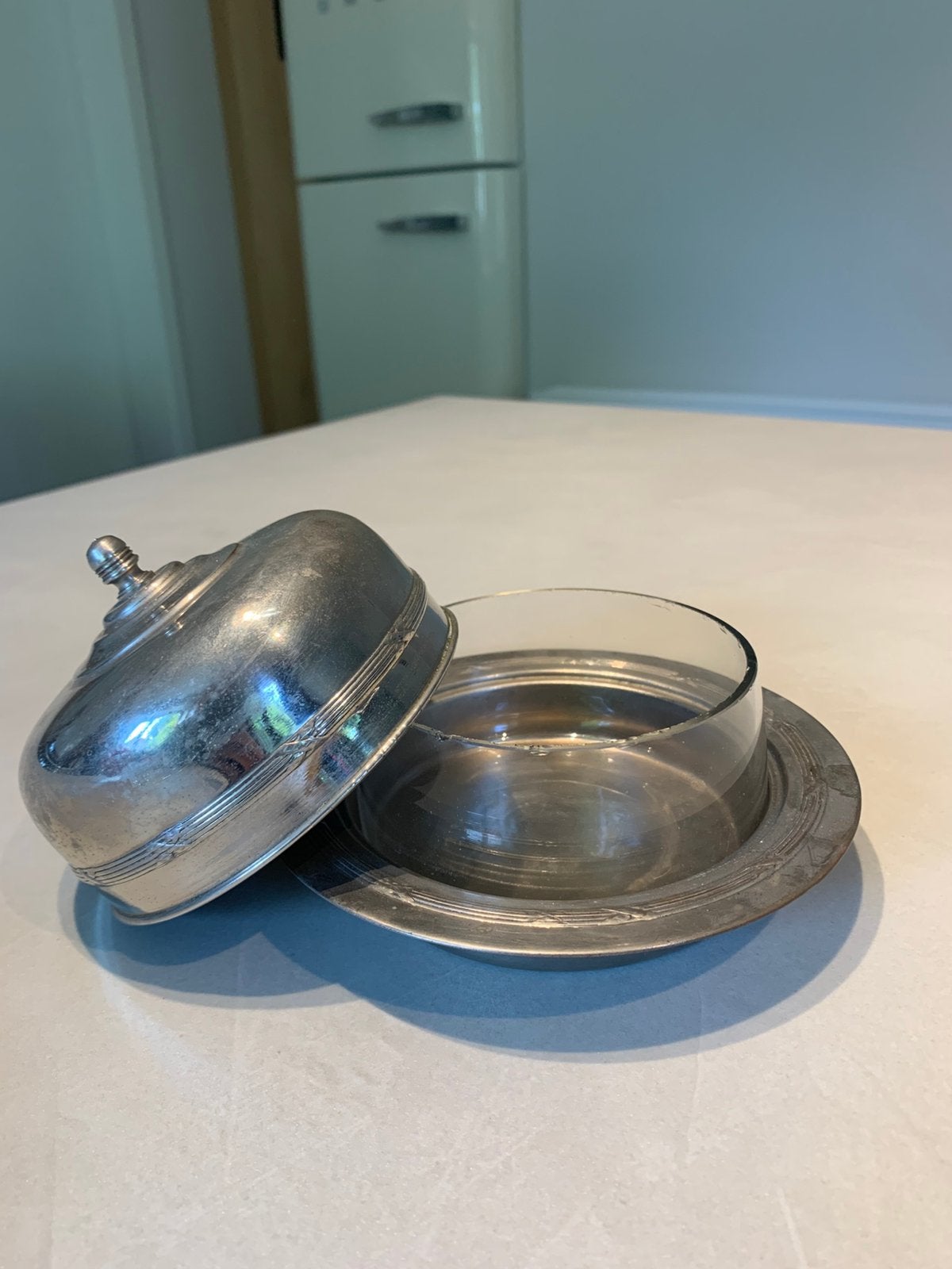 Vintage Verzilverde Botervloot met Glazen Inzet, Ophalen of Verzenden