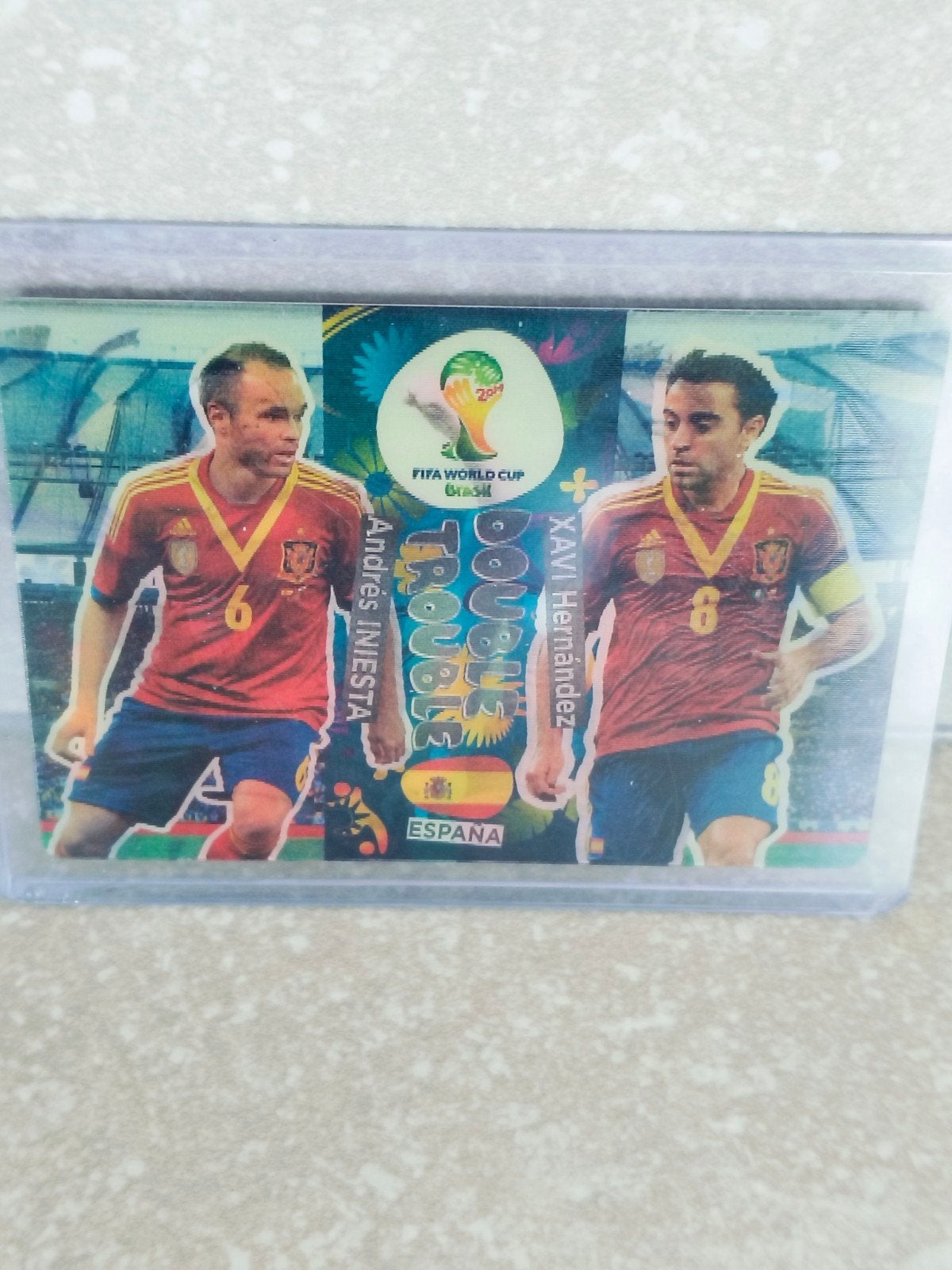 Panini WK 2014 double trouble kaart Iniesta en Xavi Spanje, Ophalen of Verzenden