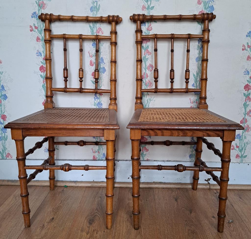 Paar Napoleon III-stoelen in imitatiebamboe en riet 19e eeuw, Ophalen