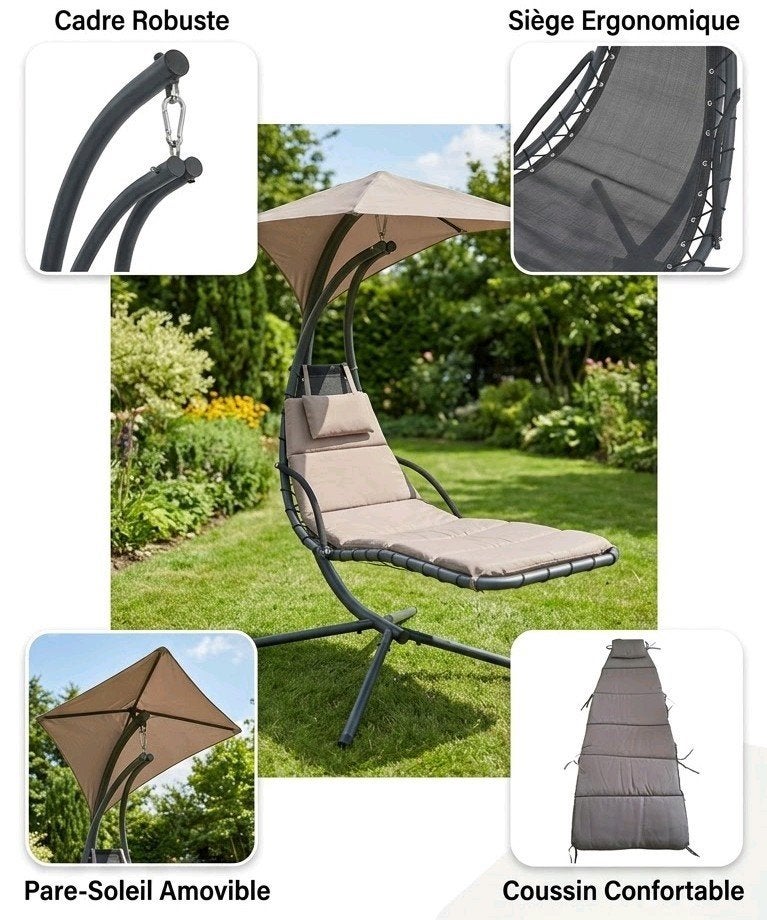 Fauteuil de jardin suspendu avec pare-soleil et coussin, Ophalen, Gebruikt, Metaal, Verrijdbaar