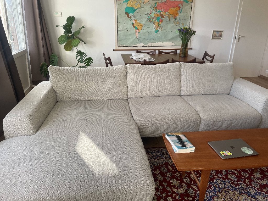 Canapé d'angle beige avec méridienne XXL, Maison & Meubles, Enlèvement, Comme neuf, Tissus