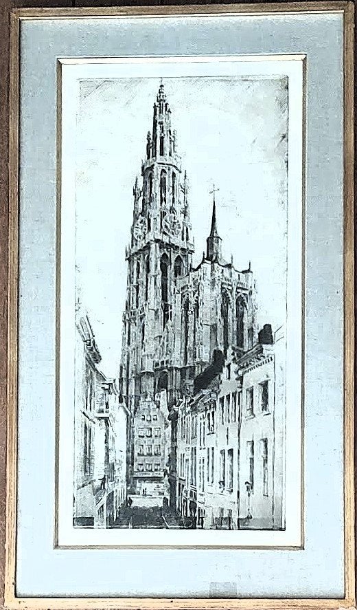 Malfliet Romain Antwerpen OLV Pelgrimstr grote ets/get/kader, Gesigneerd, 48 cm, Stadsgezicht, 80 cm