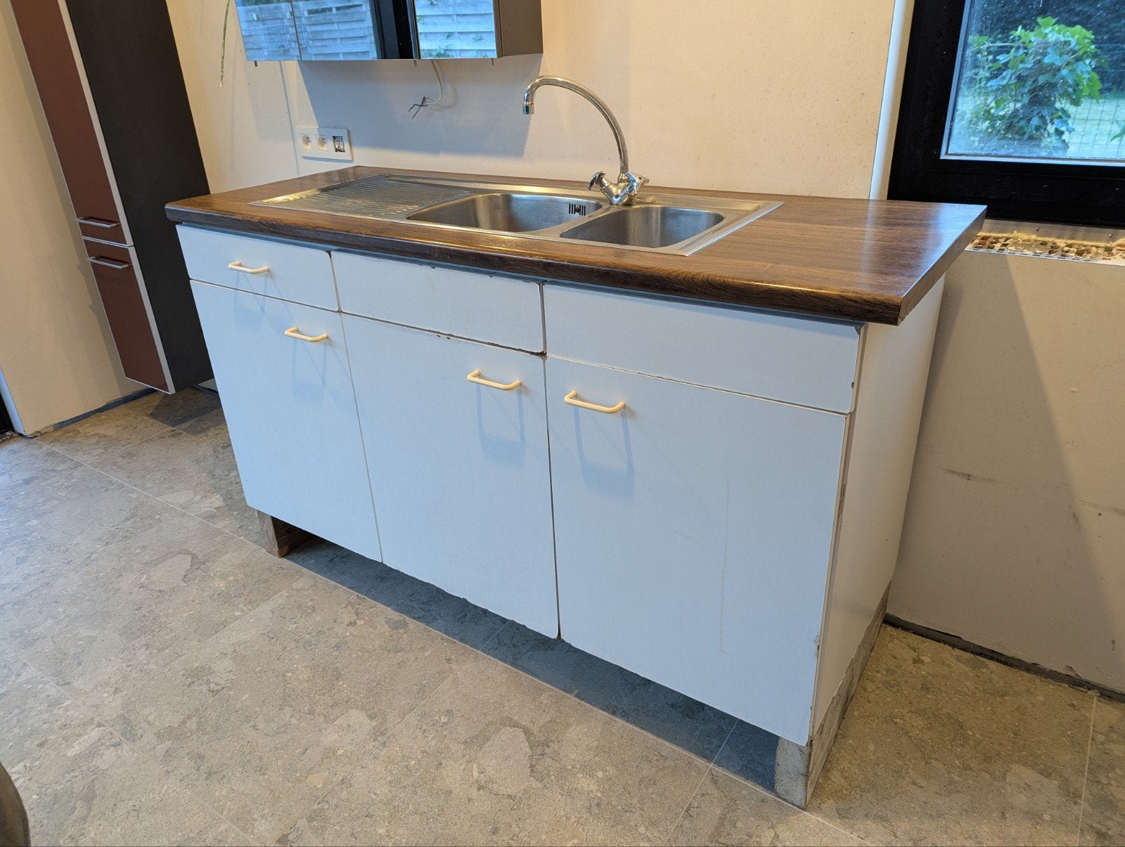 Keukenblok met dubbele spoelbak, 163 cm breed, Maison & Meubles, Cuisine | Cuisines complètes, Bois, Enlèvement, Utilisé, Cuisine à paroi simple