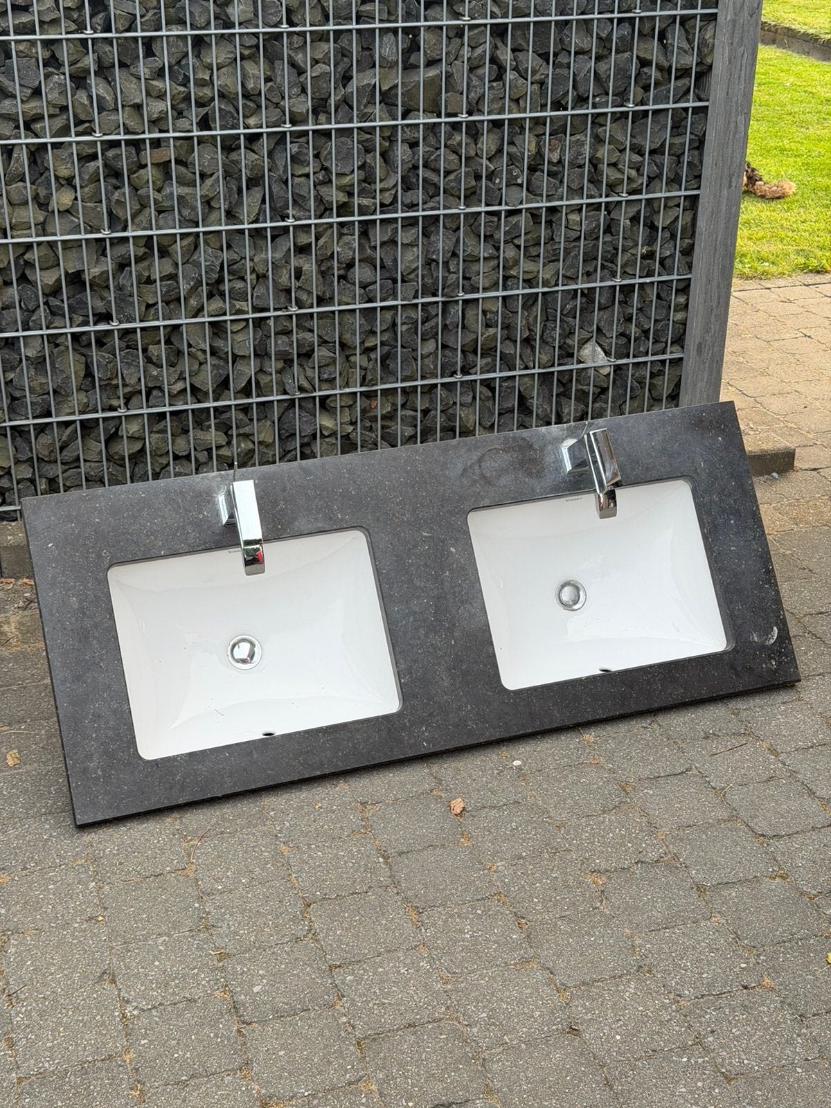 Wastafelblad natuursteen met dubbele wastafel, Ophalen, 100 tot 150 cm, Zo goed als nieuw, Wasbak of Wastafel