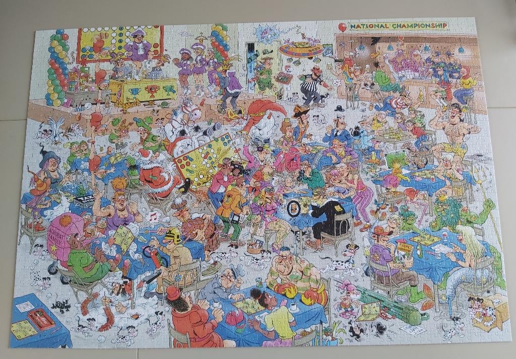 Cartoonpuzzel Jan van Haasteren:NK Mens Erger Je Niet, Ophalen of Verzenden, Meer dan 1500 stukjes, Zo goed als nieuw, Legpuzzel