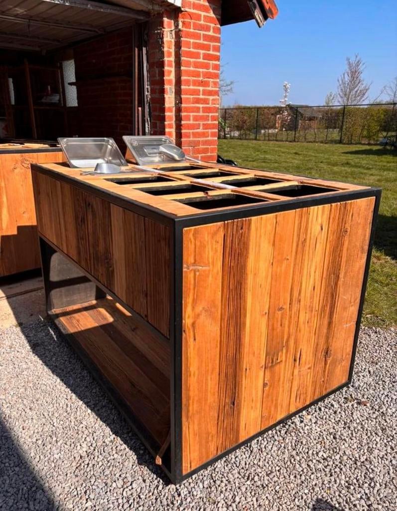 2 buffettafels hout metalen frame met 20 accessoires, Enlèvement, Autres types