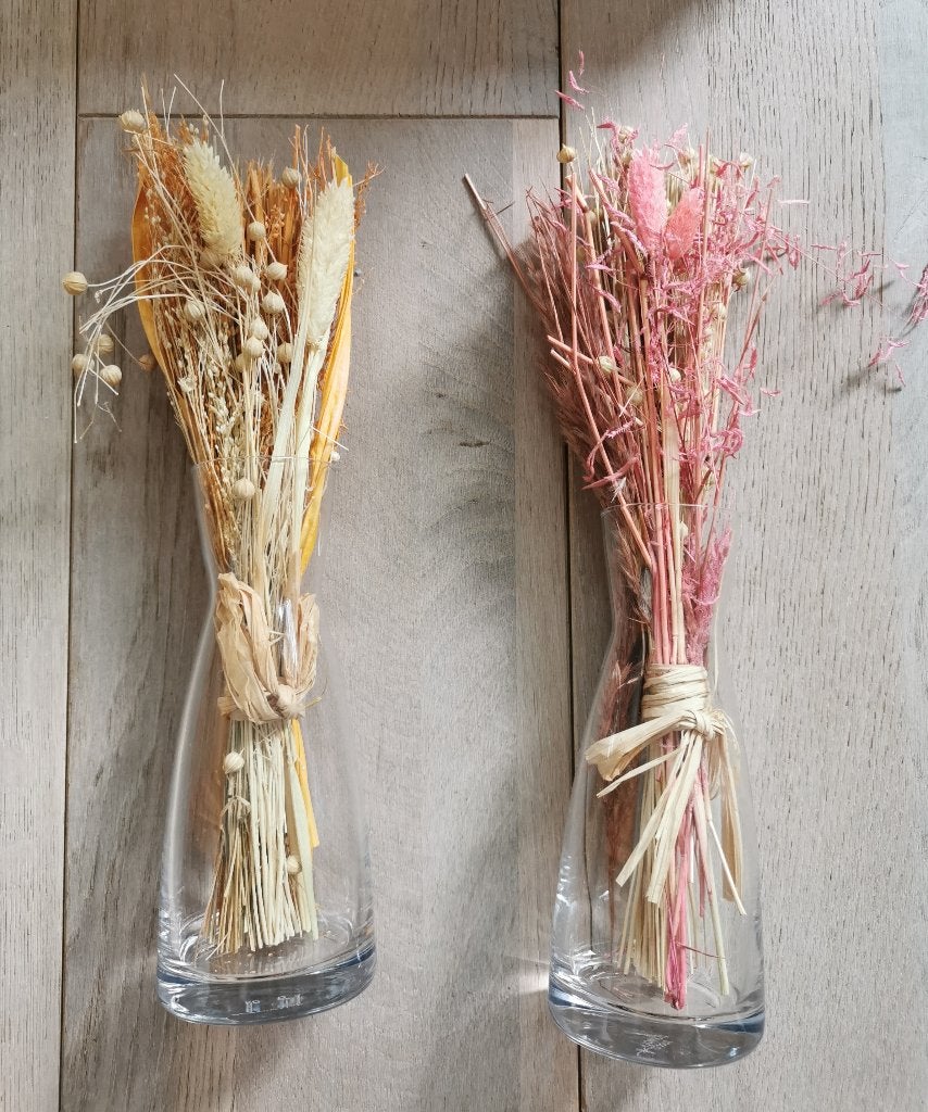 6 vaasjes met droogbloemen., Ophalen of Verzenden, Zo goed als nieuw, Overige kleuren, Glas