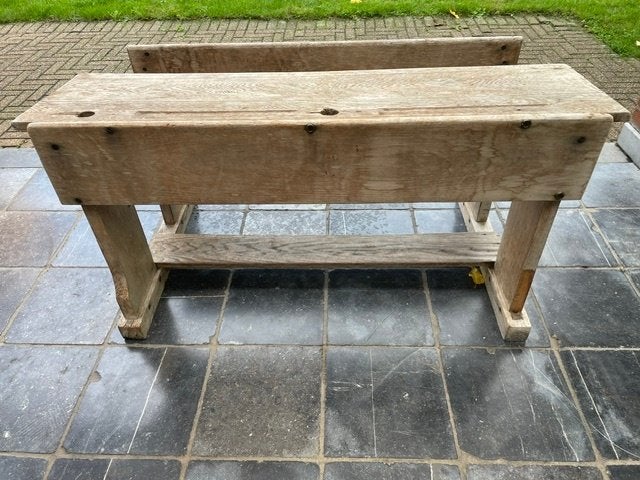 AUTHENTIEK OUD HOUTEN SCHOOLBANKJE, Enlèvement, Utilisé, Table