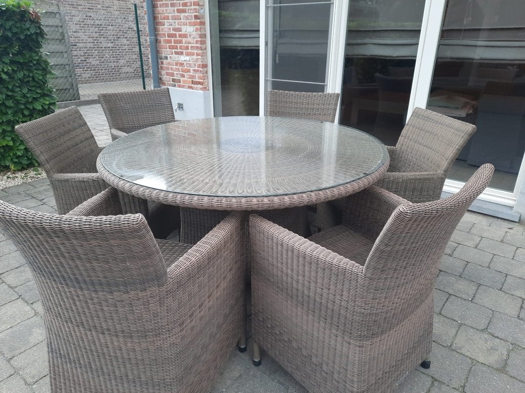 Ronde rotan tuintafel met glas + 6 stoelen – complete set, Tuin en Terras, Ophalen, Gebruikt, Rond, Overige materialen