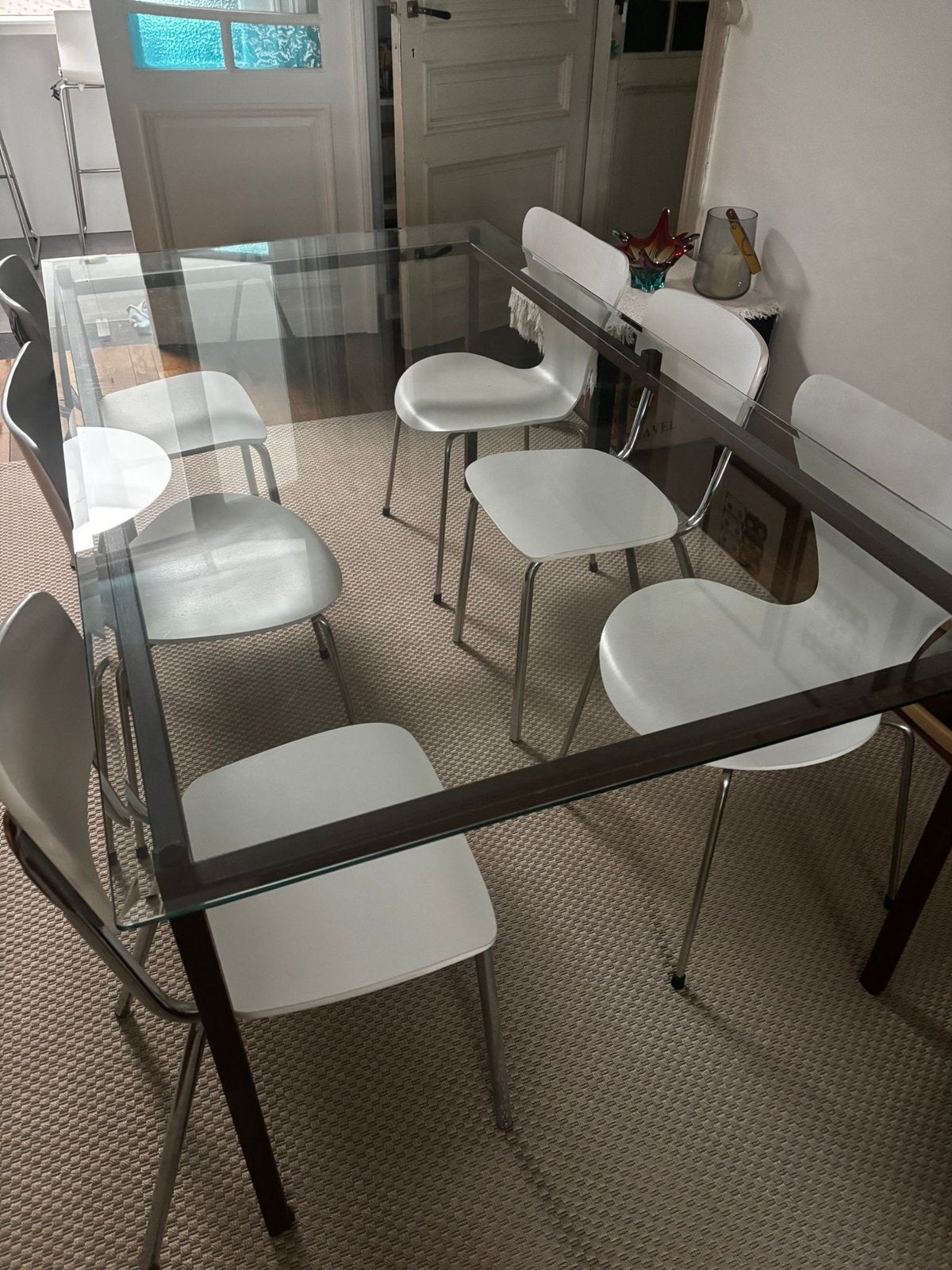 Stijlvolle eettafel met glazen blad, Huis en Inrichting, Ophalen, Zo goed als nieuw, Rechthoekig