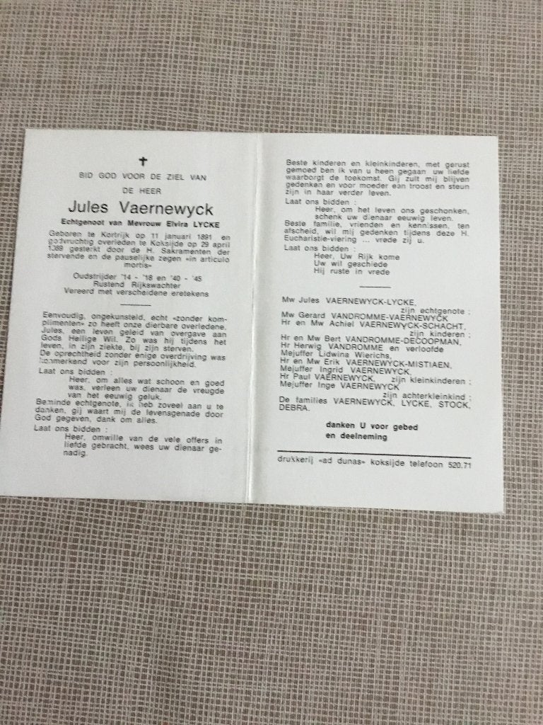 Rijkswachter J.Vaernewyck Kortrijk + Koksijde. Edwin Lycke, Enlèvement ou Envoi, Image pieuse