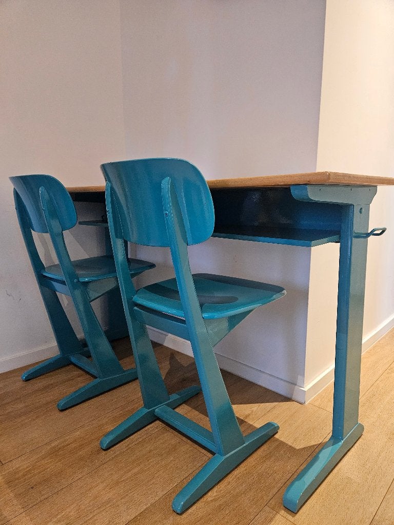 Dubbele schoolbank met 2 stoelen, Autres marques, 126 cm, 45 cm, Vintage