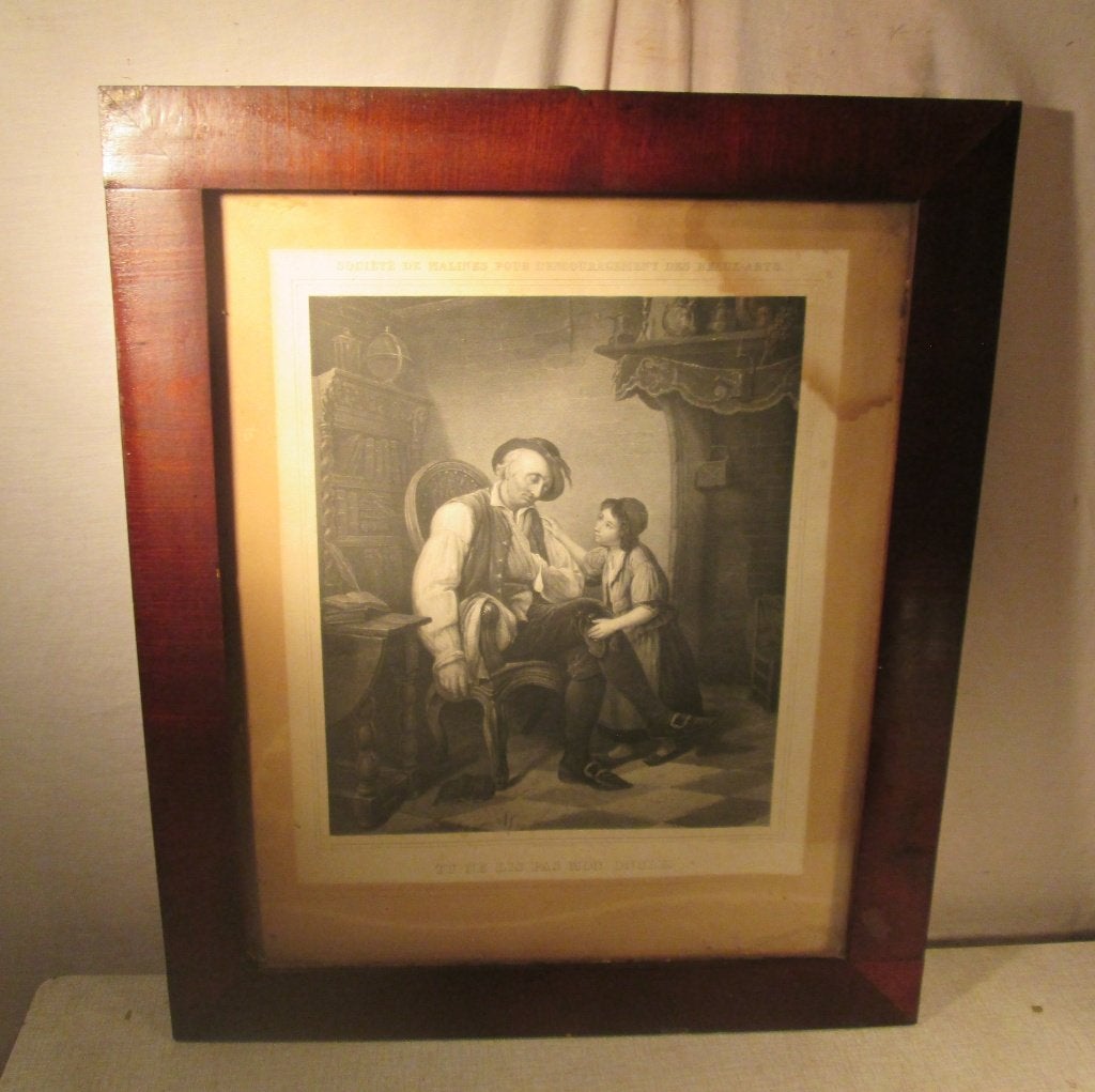 Mooi Oude Gravure - Tu ne lis pas mon oncle - 68x58, Ophalen of Verzenden, Dagelijks leven, Gravure, Ingelijst