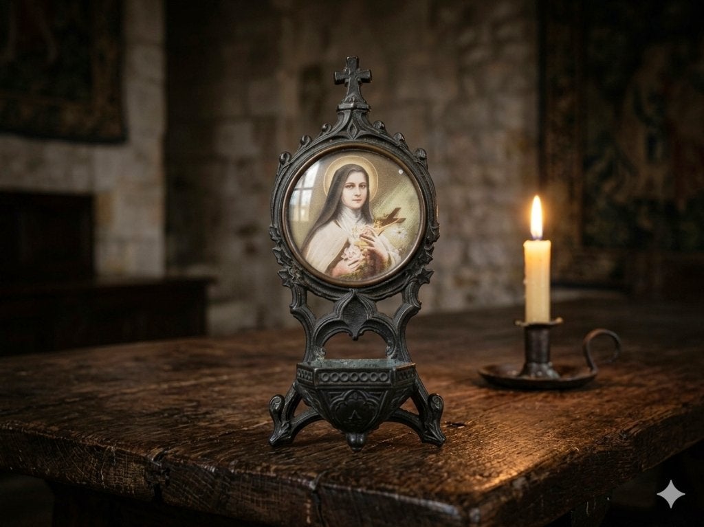 Antiek Frans Wijwaterbakje – Heilige Theresia van Lisieux, Brocante, Enlèvement ou Envoi, Utilisé, Multicolore