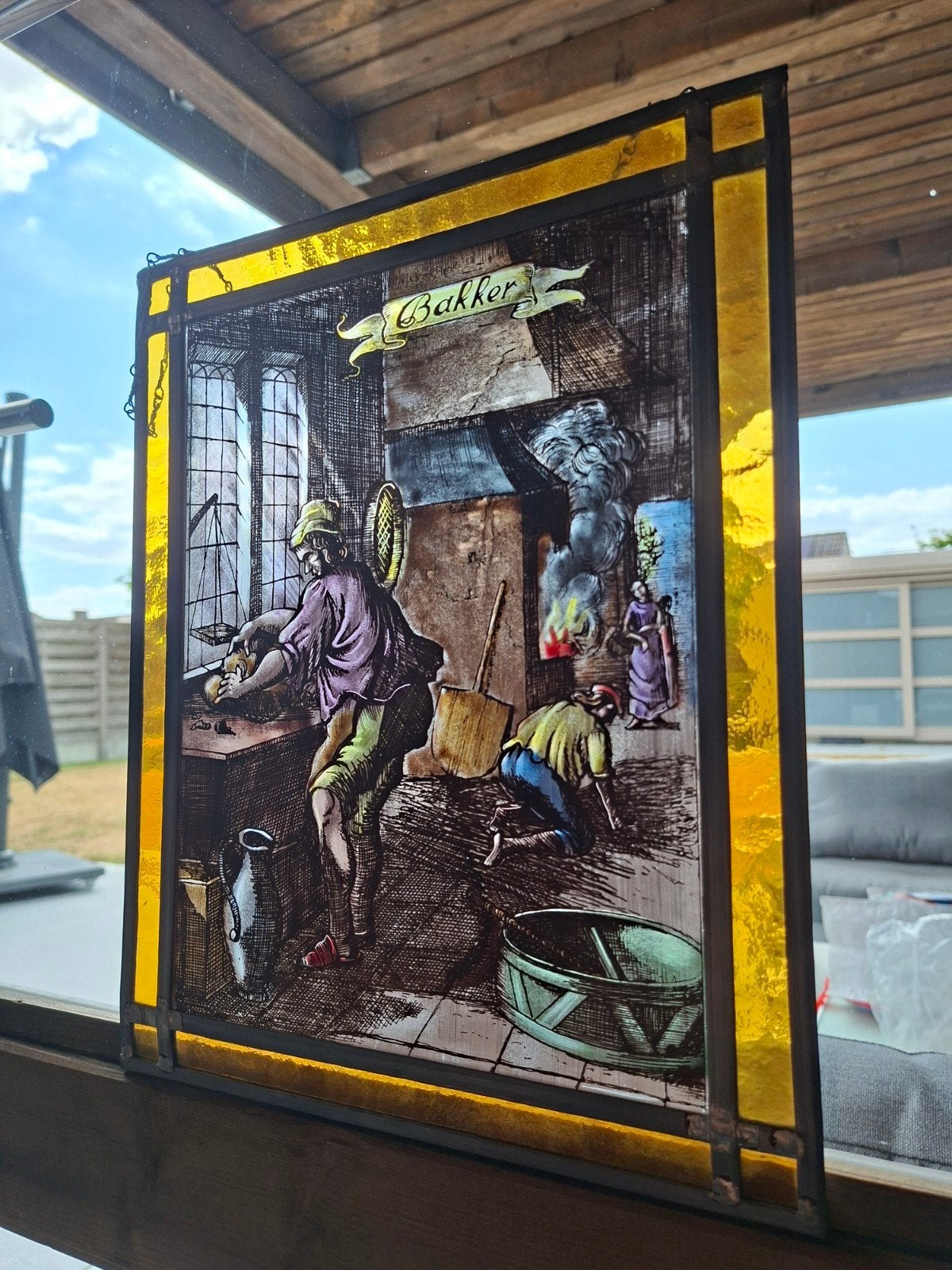 Glas-Lood raam met opschrift "Bakker", Antiek en Kunst, Ophalen of Verzenden