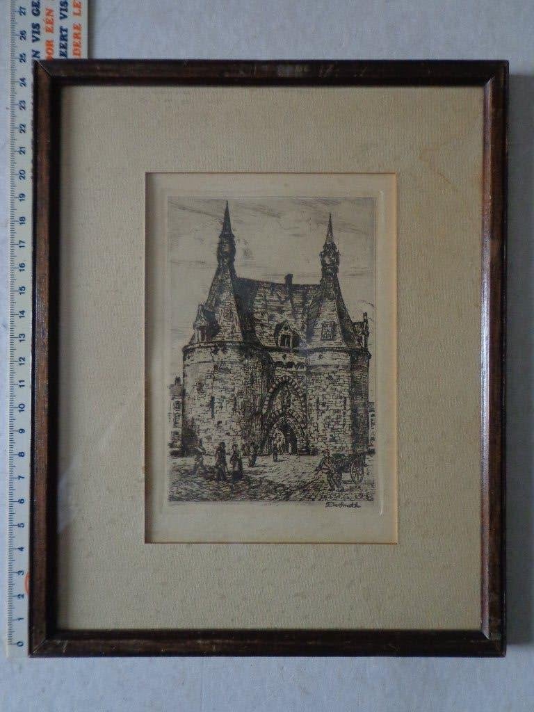 Henri De Smeth ets van de Brusselpoort te Mechelen, Antiek en Kunst, Kunst | Etsen en Gravures, Ets, Gesigneerd, Ingelijst, Met passe-partout