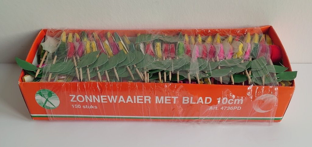 Kleurrijke prikkers zonnewaaiers met blad | 10 cm | 150 st., Ophalen of Verzenden, Nieuw, Versiering