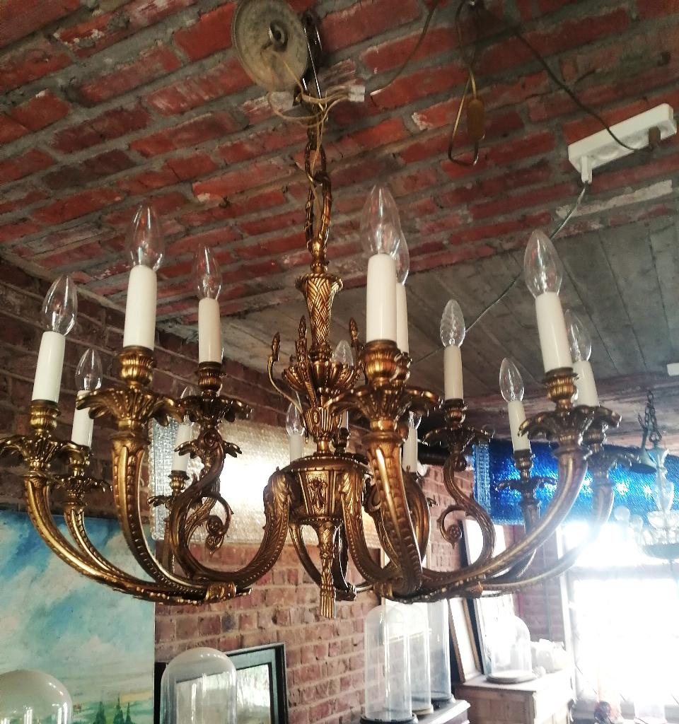 Bronzen luster , 15 lichtpunten, 80 cm diameter, +/-30 kg, Ophalen of Verzenden, Brons