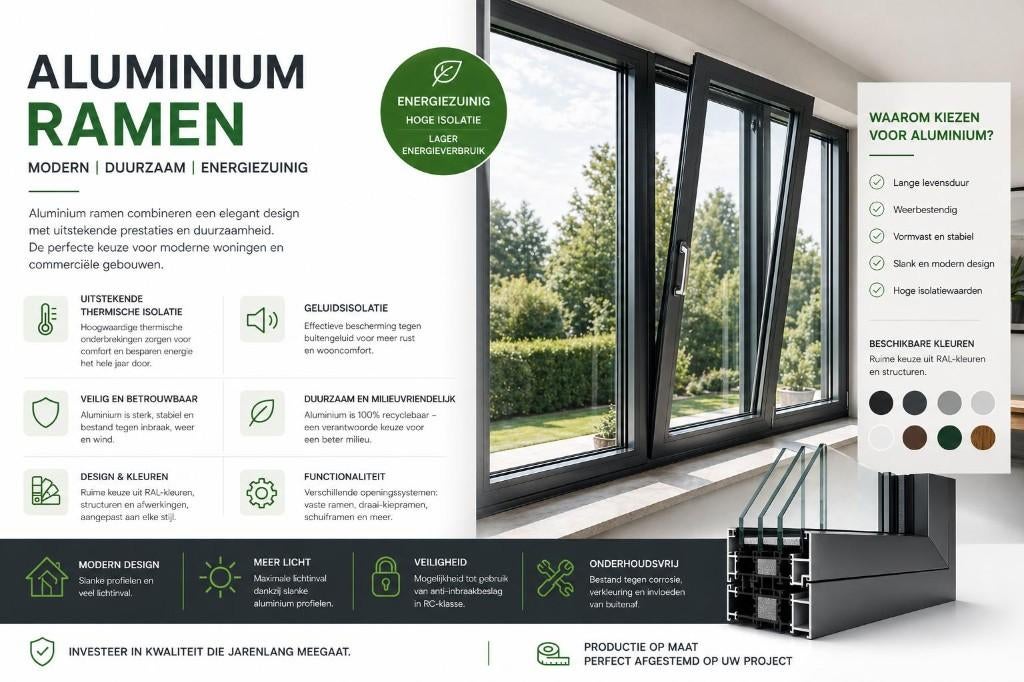 Aluminium ramen op maat, Doe-het-zelf en Bouw, Glas en Ramen, Ophalen, Nieuw, Gevelraam of Ruit, Dubbelglas