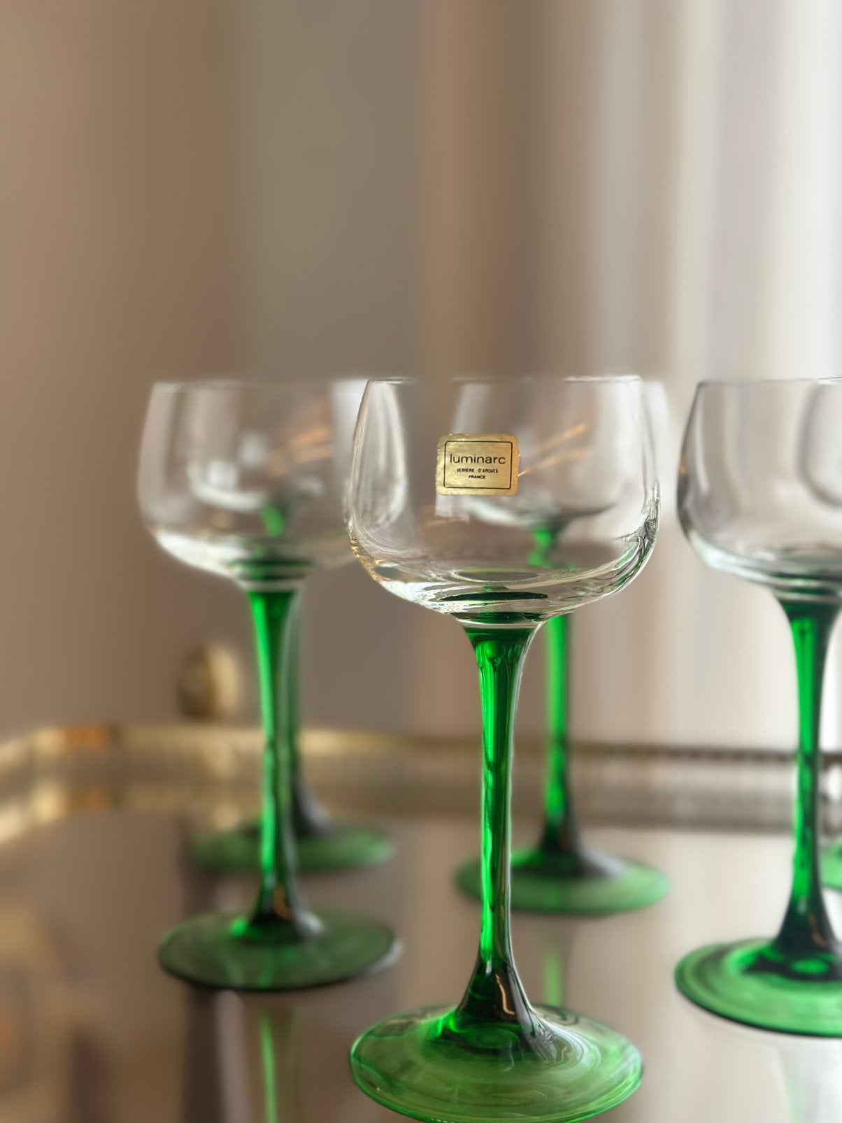 Vintage Luminarc glazen – groene voet, Verzamelen, Glas en Drinkglazen, Ophalen, Zo goed als nieuw