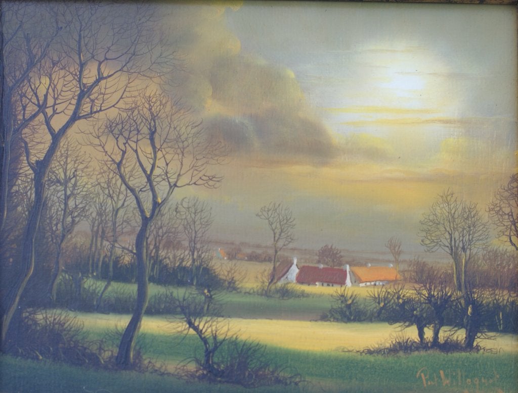 Piet Willequet (1950): Landschap bij nacht (30 x 26 cm), Ophalen of Verzenden, Gesigneerd, Olieverf, Landschap