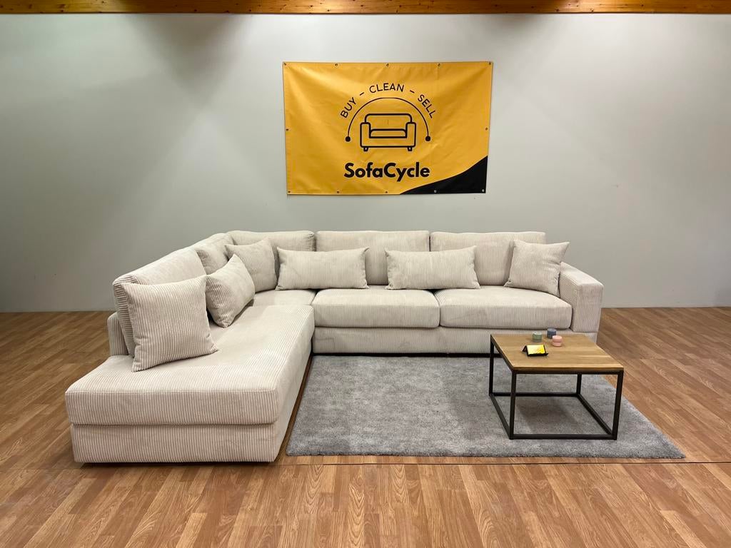 Overstock (Nieuwe) zetel - Beige Ribstof Hoekzetel, Ophalen of Verzenden, Zo goed als nieuw, SofaCycle, Info@sofacycle.be