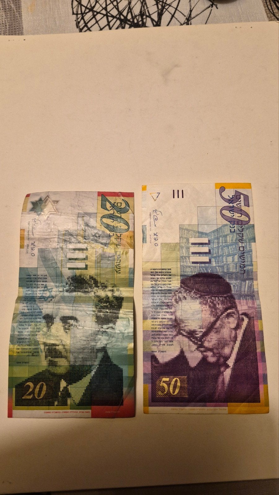 2 biljetten van Israël 1X20 & 1X50 New Sheqalim 1998 - 2014, Postzegels en Munten, Bankbiljetten | Europa | Niet-Eurobiljetten