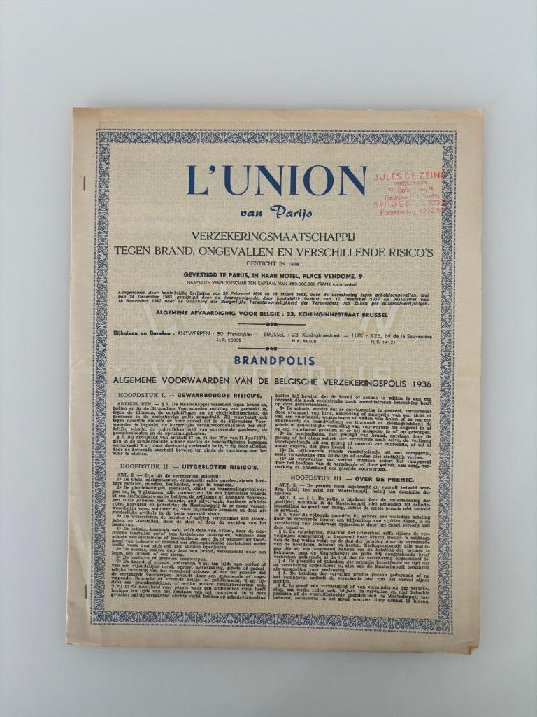 Vintage Document Verzekering Brandpolis Union Parijs 1958, Ophalen of Verzenden, Zo goed als nieuw, Overige typen