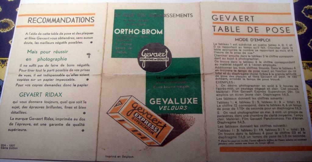 Table de temps de pose Ortho-Brom, Gevaert - Belgique, 1937, Enlèvement ou Envoi, Utilisé