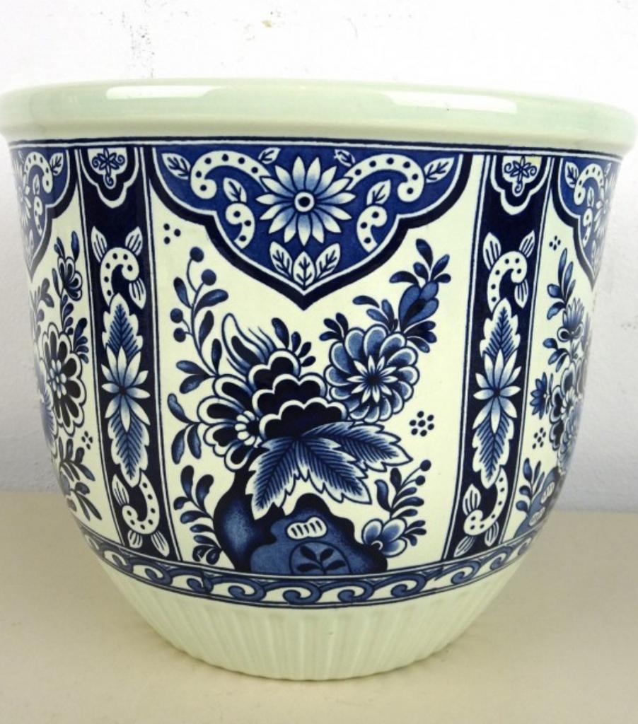 Aardewerk bloempot Delfts made by Boch Belgium H15 x ø 14cm, Rond, Binnen, Ophalen of Verzenden, Zo goed als nieuw