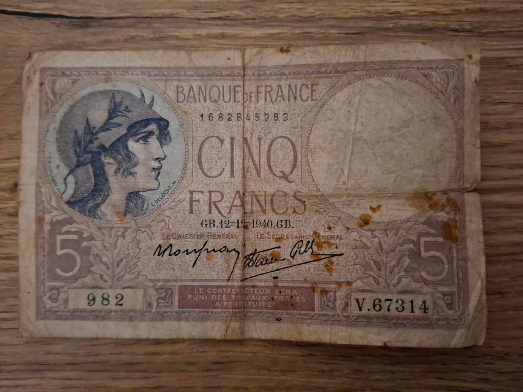 5 francs français , 1940, Verzenden