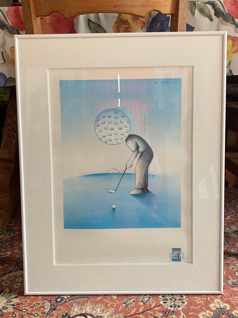 Golfkunst- tekening + originele Volvo Trophy postzegel 1990, Antiek en Kunst, Ophalen
